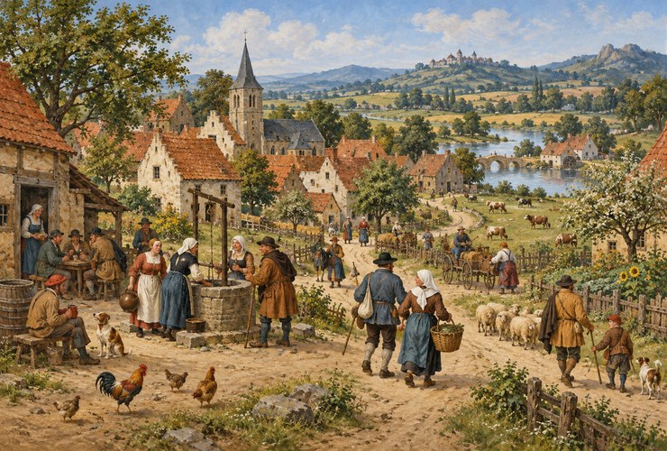 Illustration of a Flemish village with peasants and countryside