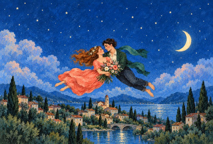 Poetic illustration of a couple, flowers and houses in blue