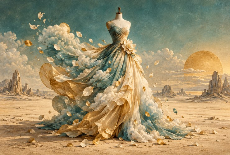 Surreal illustration of a dress and a mannequin in a dreamlike landscape