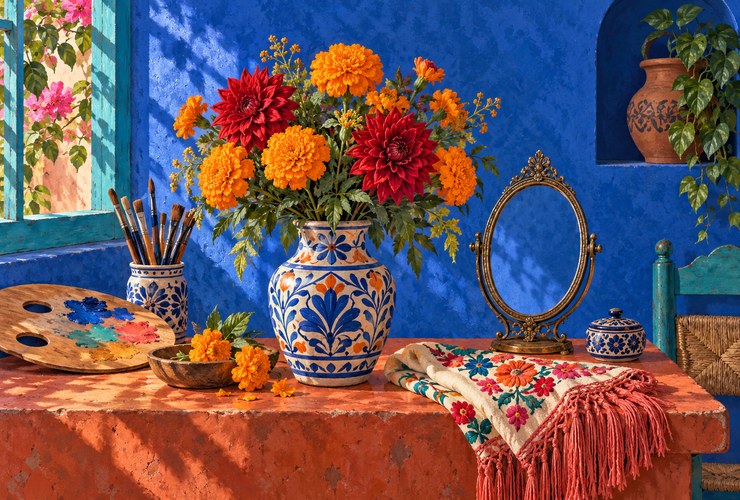 Illustration of an artist’s studio with flowers, paints and an embroidered shawl