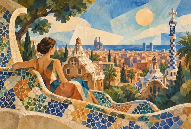 Illustration of Catalan architecture and colourful geometric shapes