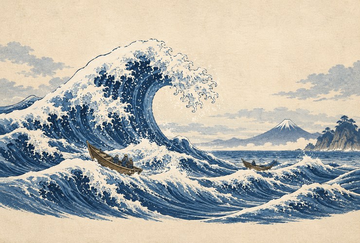 A large blue wave with white foam, boats and a mountain in the background