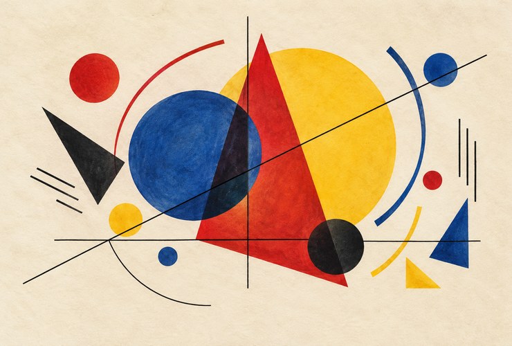 Abstract composition of circles, lines and areas of yellow, red and blue