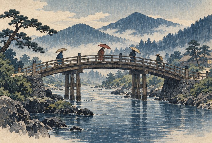 Illustrated Japanese landscape with a bridge, river, rain and mountains