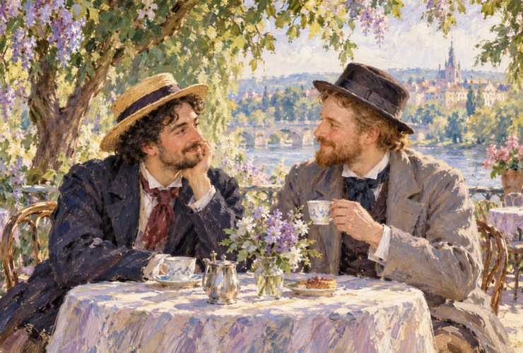 Illustration of two people talking at a table in a garden