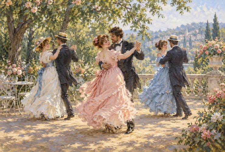 Illustration of an outdoor party with dancing couples and light among the trees
