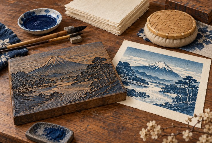Illustration of tools and printing blocks for Japanese woodblock prints